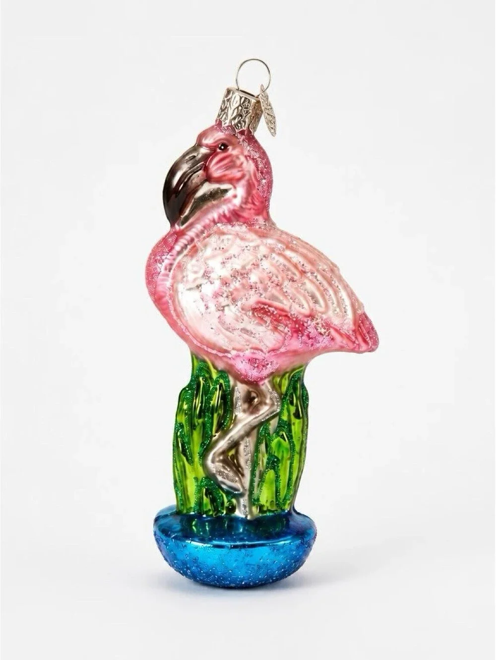 Old World Christmas Pink Flamingo Glass Ornament Our Heart Charm Tropical Bird